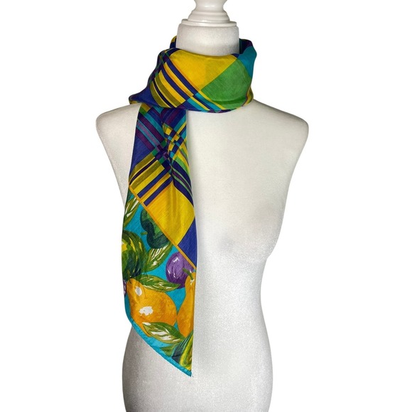 Echo Accessories - Echo Vintage Silk Blend Square Scarf Plaid Fruit Border Multicolor Made in Japan